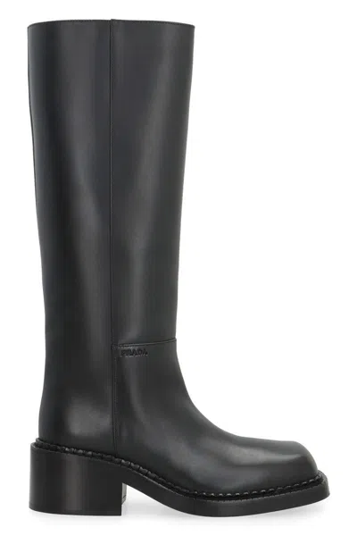 Prada Leather Square-toe Tall Moto Boots In Black