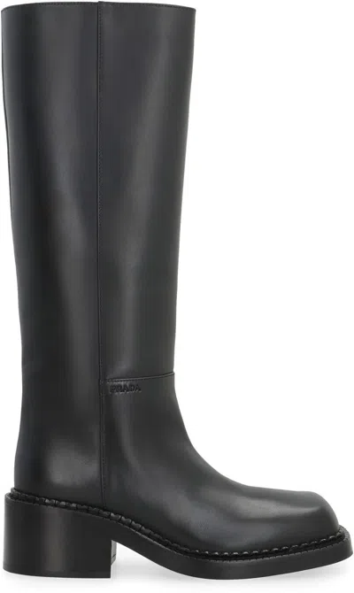 Prada Leather Square-toe Tall Moto Boots In Black