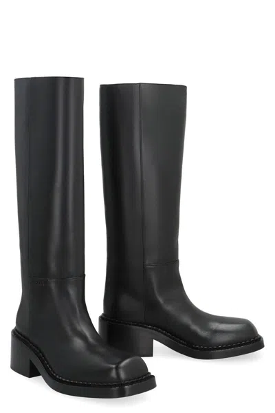 Prada Leather Square-toe Tall Moto Boots In Black
