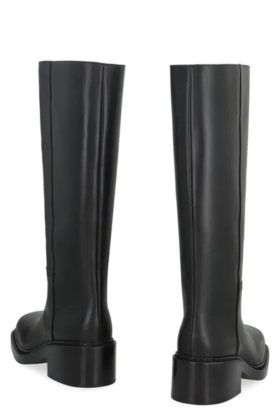 Prada Leather Square-toe Tall Moto Boots In Black