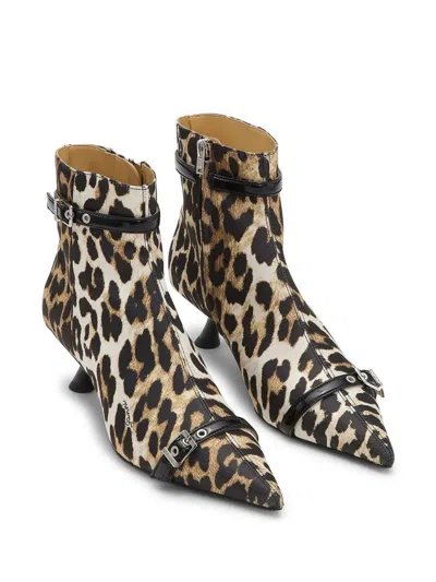 Ganni Eyelets Kitten Heel Boot Satin Print Ankle Boots Brown In Multicolor