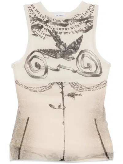 Jean Paul Gaultier Tattoo Print Double Layer Mesh Tank In Ecru Black Red