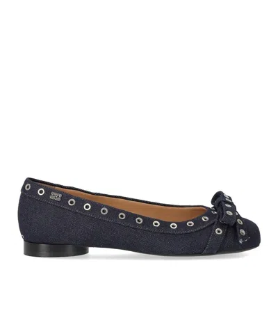 Shop Ganni Blue Denim Ballet Flat Shoe With Bows