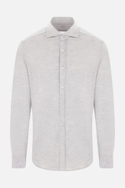 Brunello Cucinelli Grey Linen Shirt With Classic Button-down Collar In Pearl
