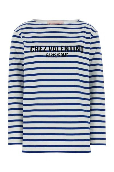 Valentino Long Sleeve Cotton T-shirt With Striped Pattern In Avorioblu