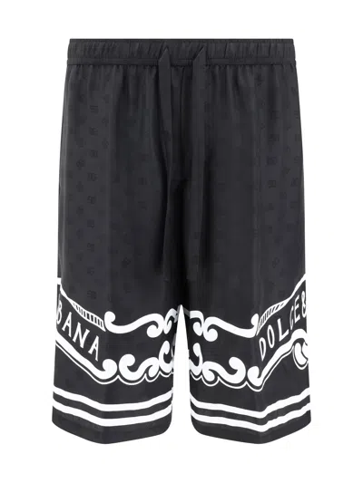 Dolce & Gabbana Black Bermuda Pants With Drawstring Elastic Waist And Maxi Print In Silk Man In Black