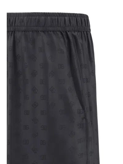 Dolce & Gabbana Black Bermuda Pants With Drawstring Elastic Waist And Maxi Print In Silk Man In Black