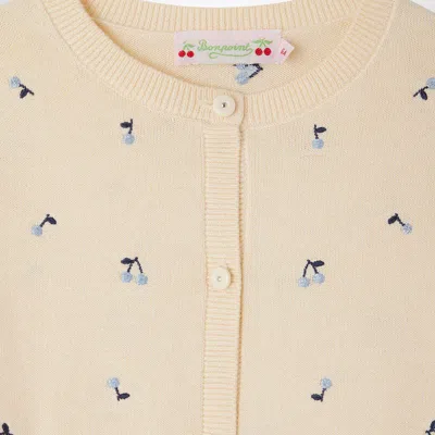 Bonpoint Vanilla-coloured Feli Cardigan With Embroidered Cherries In White