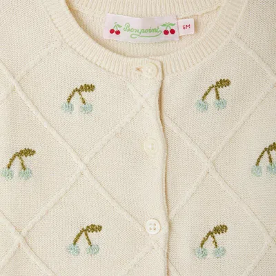 Bonpoint Cardigan Fayana Ivory With Embroidered Cherries In White