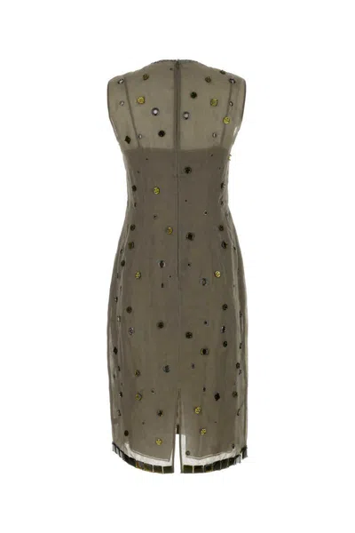 Prada Beige Eyelet-embellished Silk Dress In Grey