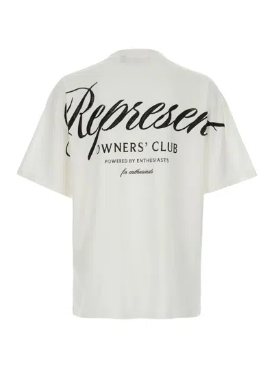 Represent White Crewneck T-shirt With With Front And Back Owners Club Print In Cotton Man In Flat White