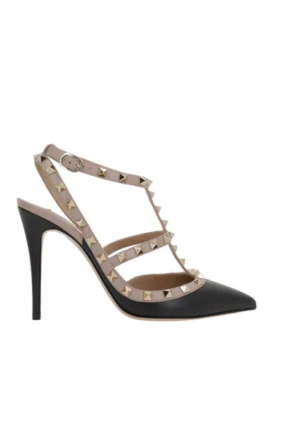 Valentino Rockstud Slingback In Black+poudre