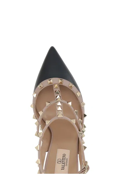 Valentino Rockstud Slingback In Black+poudre