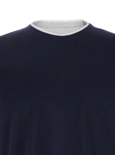 Eleventy Black Crewneck T-shirt With Layered Collar In Blue+grey