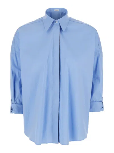 Brunello Cucinelli Oversized Light Blue Shirt With Monile Detail In Cotton Blend Woman In Blue