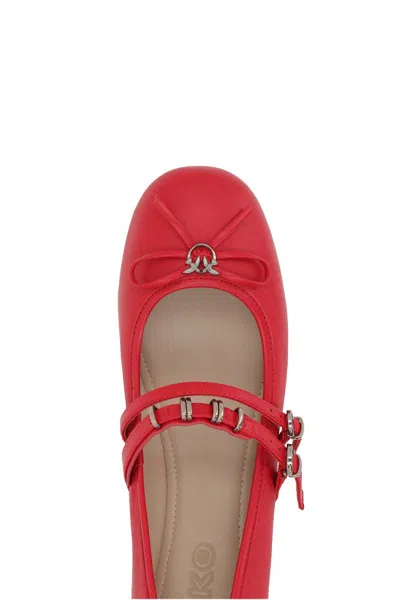 Pinko Nappa Leather Ballet Flats With Straps And Bow In Red