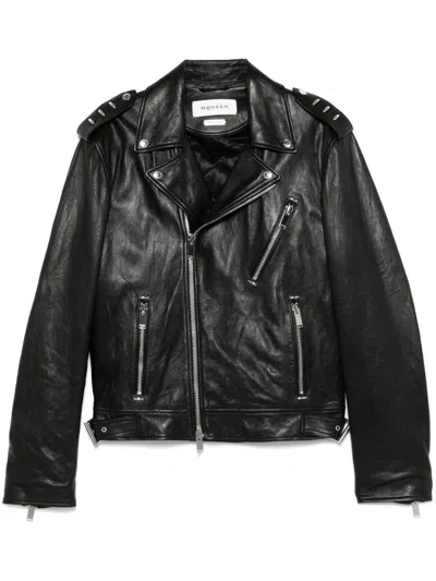 Alexander Mcqueen Leather Jacket With Belted Waist And Epaulettes In Black