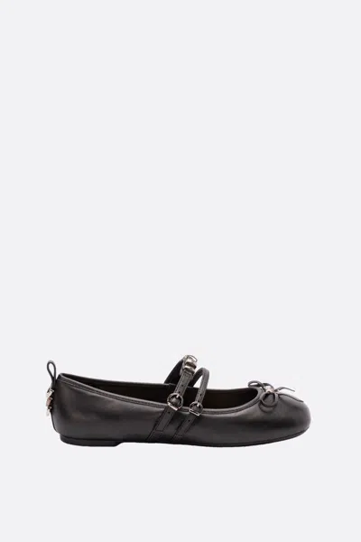 Pinko Nappa Leather Ballet Flats With Straps And Bow In Black