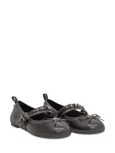 Pinko Nappa Leather Ballet Flats With Straps And Bow In Black