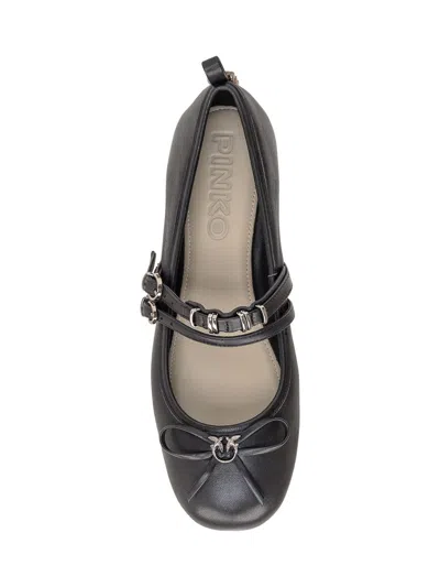 Pinko Nappa Leather Ballet Flats With Straps And Bow In Black