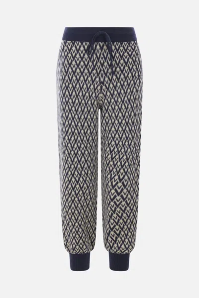 Valentino High-waisted Wide-leg Zigzag Cream And Navy Virgin Wool Pants In Blue