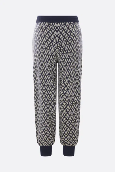 Valentino High-waisted Wide-leg Zigzag Cream And Navy Virgin Wool Pants In Blue