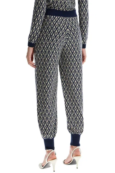 Valentino High-waisted Wide-leg Zigzag Cream And Navy Virgin Wool Pants In Blue