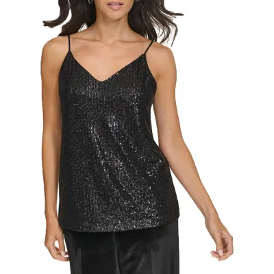 Calvin Klein Petite V-neck Sleeveless Sequin Tank Top In Black
