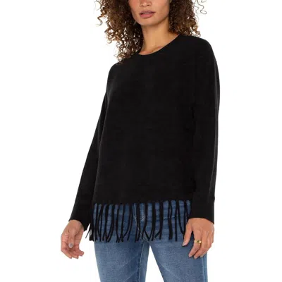 Liverpool Los Angeles Womens Fringe Knit Pullover Sweater In Black