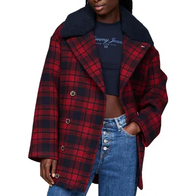 Tommy Jeans Womens Plaid Polyester Pea Coat In Multi