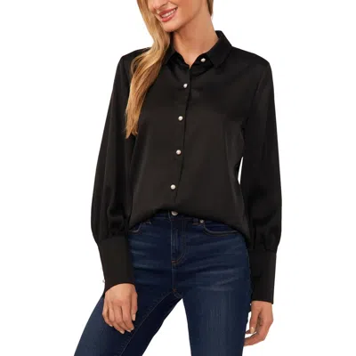 Cece Women's Luxe Satin Imitation Pearl Button Down Blouse In Black