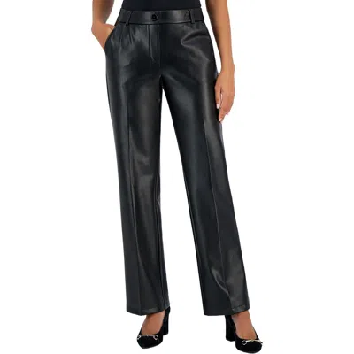 Kasper Petites Womens High-rise Faux Leather Straight Leg Pants In Black