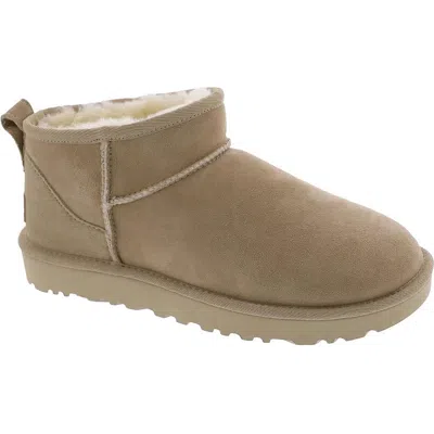 Ugg Classic Ultra Mini Low Heels Ankle Boots In Beige Suede In Beige