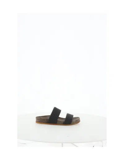 Brunello Cucinelli Grey Sandals With Monile Decoration And Round Open Toe In Grey