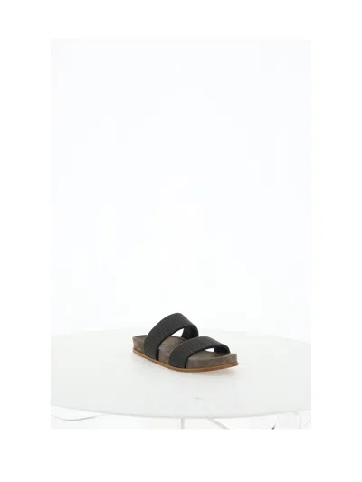 Brunello Cucinelli Grey Sandals With Monile Decoration And Round Open Toe In Grey