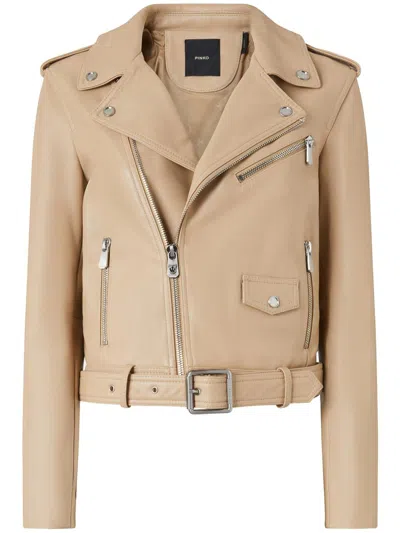 Pinko Costa Rica Leather Biker Jacket In Beige