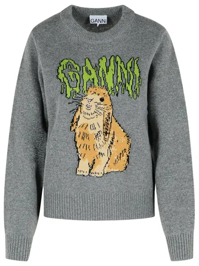Ganni Bunny Wool Crewneck Sweater In Grey