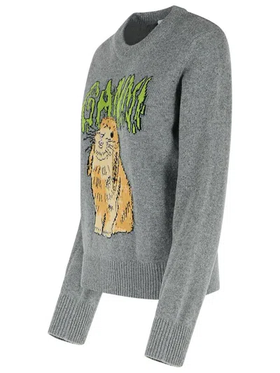 Ganni Bunny Wool Crewneck Sweater In Grey