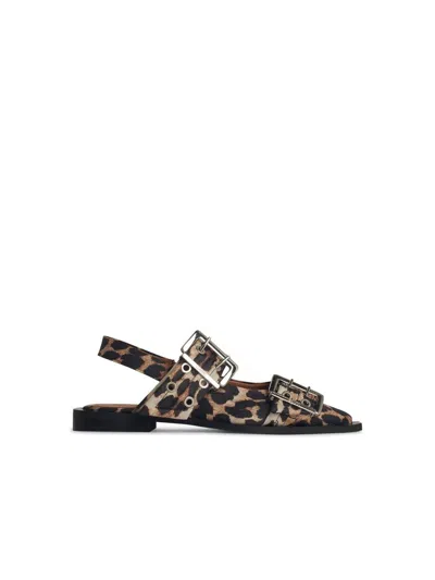 Ganni Multicolor Ballet Shoes With Double Buckle And All-over Leopard Print In Tech Fabric Woman In Brown