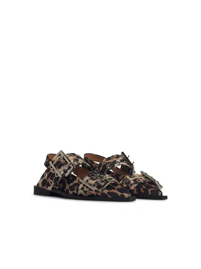 Ganni Multicolor Ballet Shoes With Double Buckle And All-over Leopard Print In Tech Fabric Woman In Brown