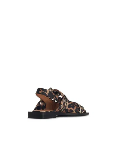 Ganni Multicolor Ballet Shoes With Double Buckle And All-over Leopard Print In Tech Fabric Woman In Brown