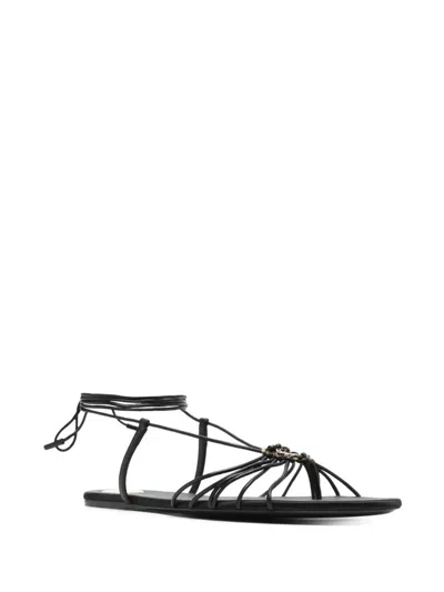 Saint Laurent Black Sandals With Cassandre Logo And Laces Around The Ankle In Leather Woman In Black