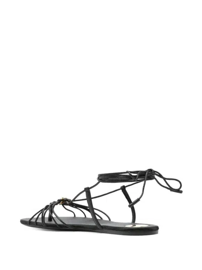 Saint Laurent Black Sandals With Cassandre Logo And Laces Around The Ankle In Leather Woman In Black