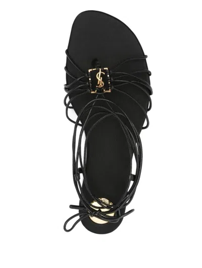 Saint Laurent Black Sandals With Cassandre Logo And Laces Around The Ankle In Leather Woman In Black