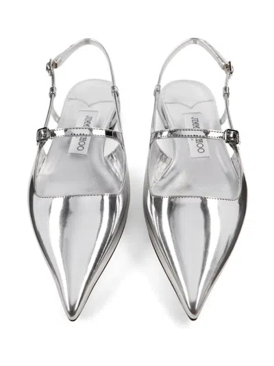 Jimmy Choo Pointed Toe Metallic Leather Sling Back Ballerina In Grey