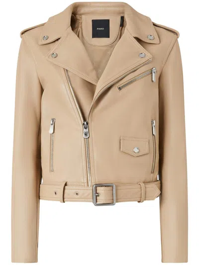 Pinko Costa Rica Leather Biker Jacket In Beige