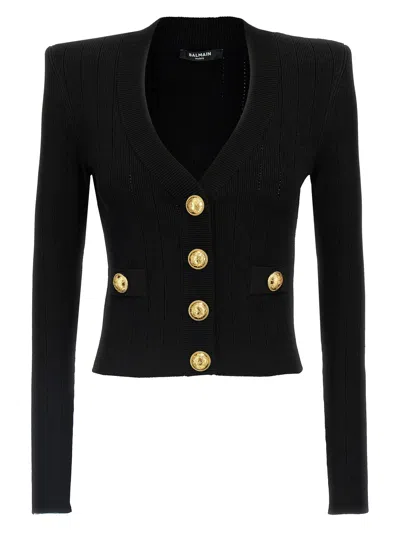 Balmain Black Ribbed Cardigan With Shoulder Pads And Logoed Metal Buttons