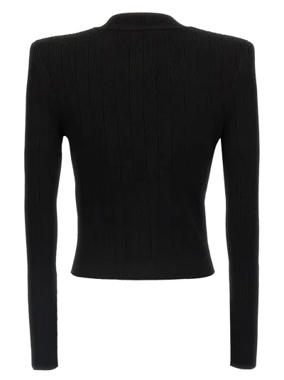 Balmain Black Ribbed Cardigan With Shoulder Pads And Logoed Metal Buttons