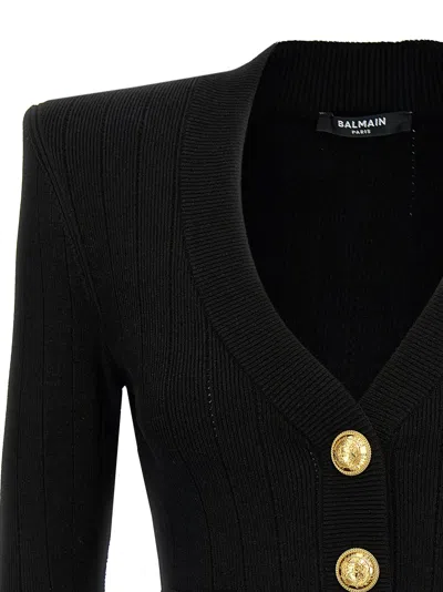Balmain Black Ribbed Cardigan With Shoulder Pads And Logoed Metal Buttons
