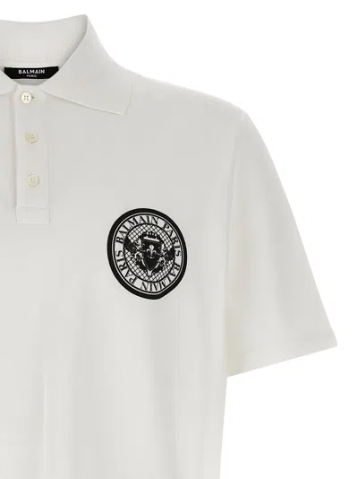 Balmain White Polo Shirt With Collar And Coin Print On The Front In Cotton Man